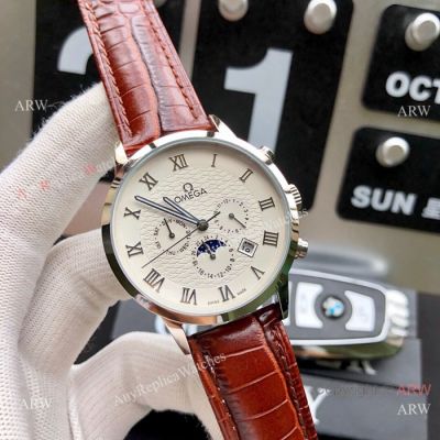 Best Replica Omega Complications Moonphase Watches SS Brown Leather Strap